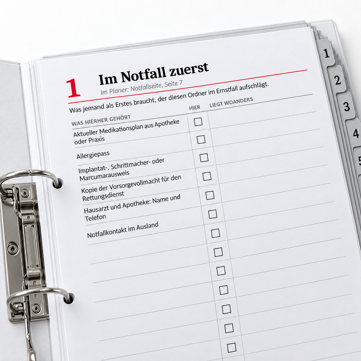 Registerblatt 1 Im Notfall zuerst mit Checkliste zum Abhaken